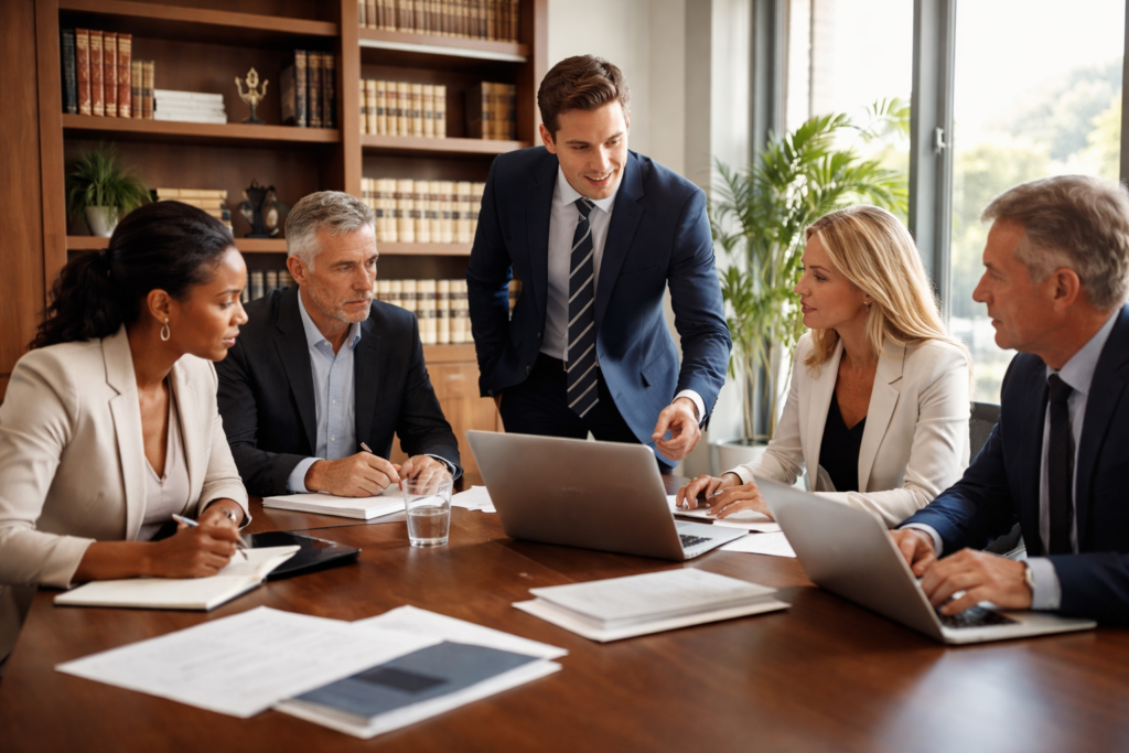 Five-step SEO strategy planning session with search analytics dashboard and keyword research for a law firm