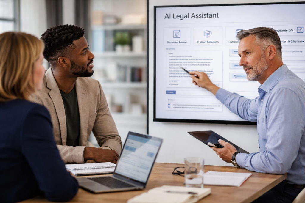 Attorney reviewing AI tools and legal technology dashboards for law firm operations in 2026