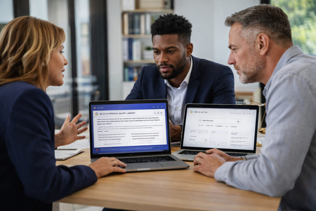 Law firm SEO dashboard showing AI search visibility metrics alongside traditional Google rankings