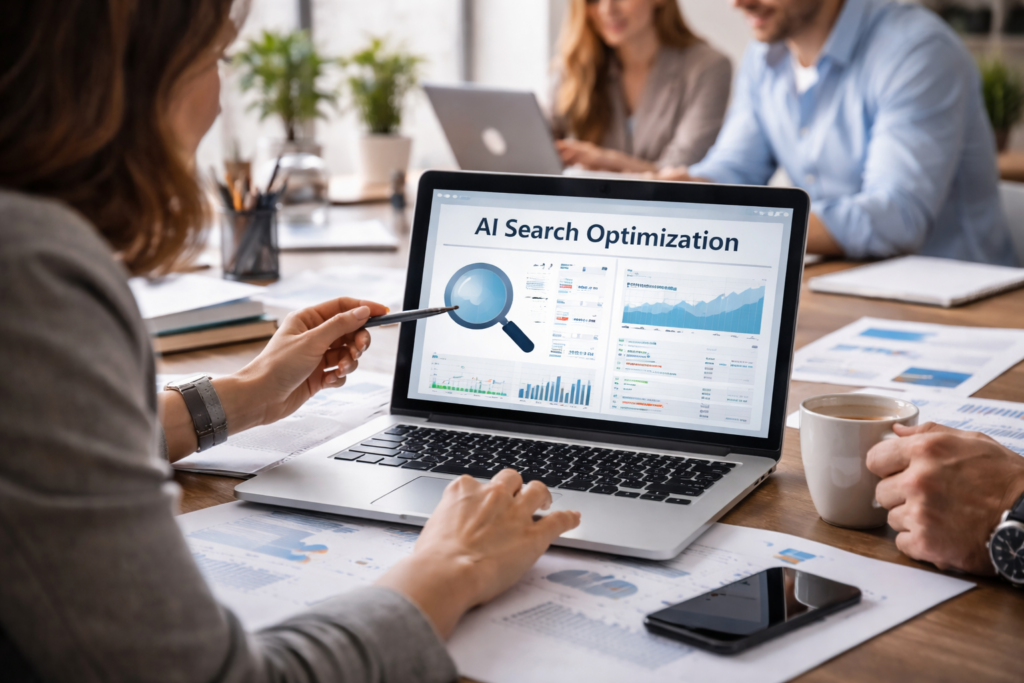 Lawyer reviewing AI-driven search optimization analytics on a desktop screen