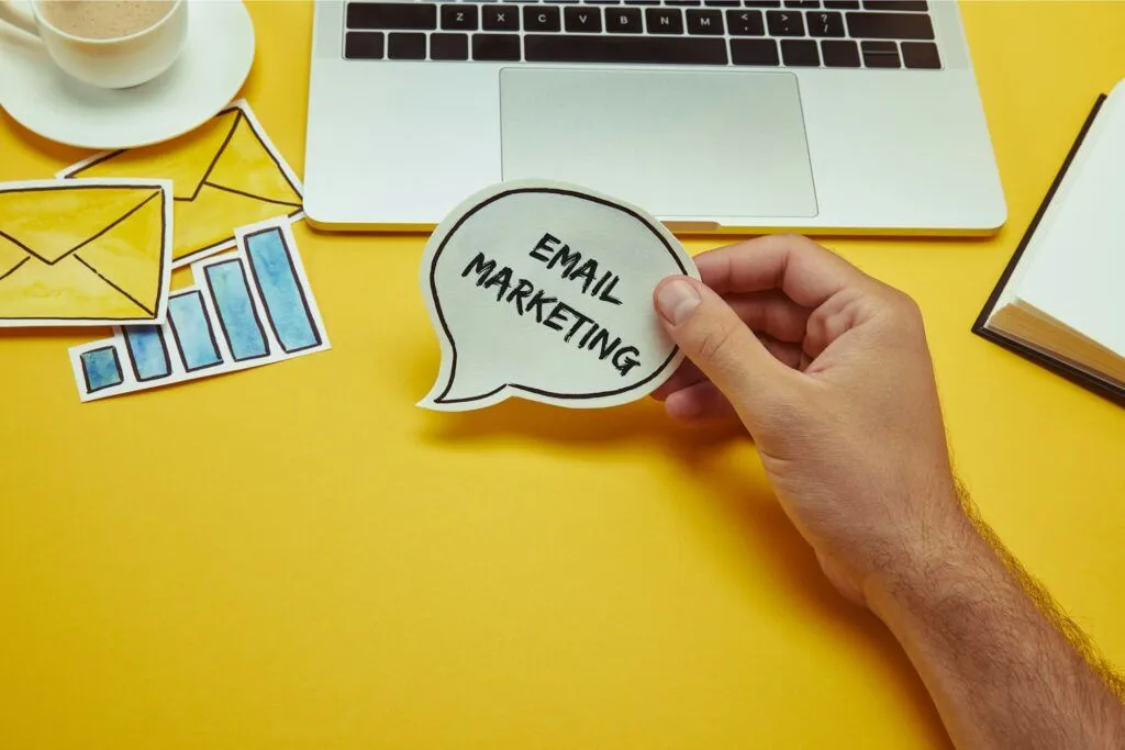 Criminal defense lawyer reviewing email marketing campaign analytics on laptop