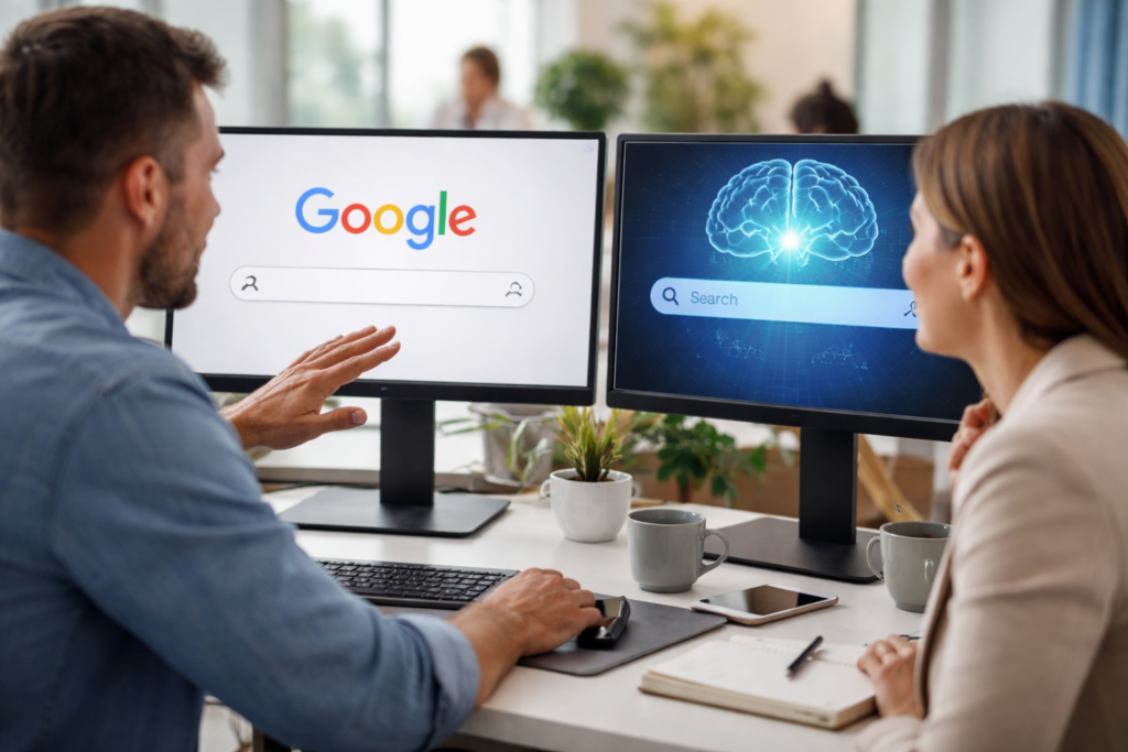 Side-by-side comparison of Google search results and AI search discovery for law firm marketing