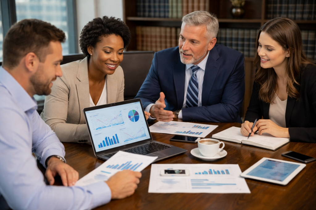 High-growth law firm team reviewing digital marketing analytics and online reputation dashboard