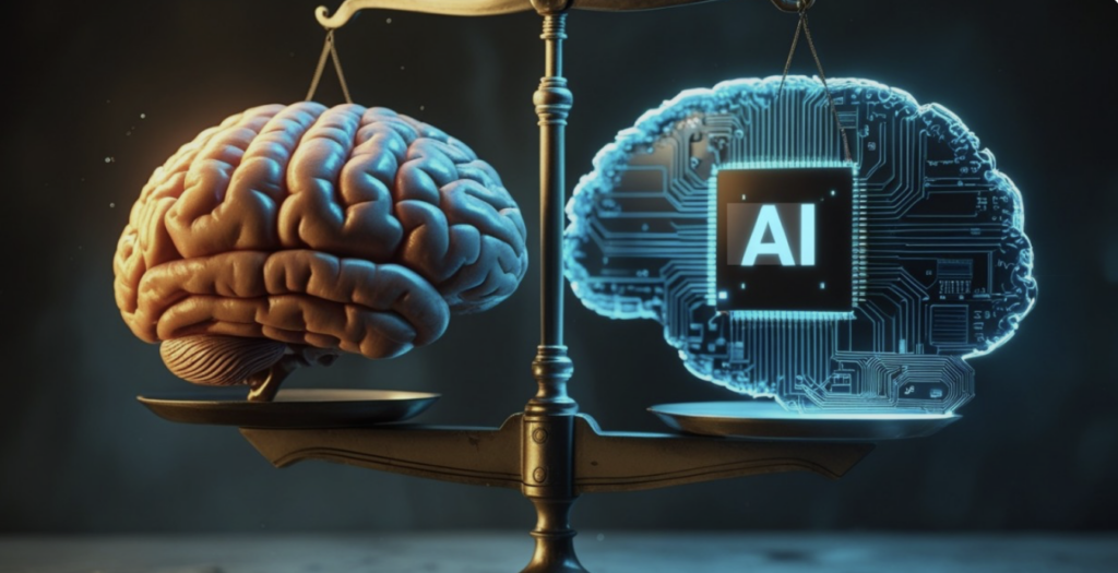 Balance scale representing human judgment versus artificial intelligence in legal decision-making workflows