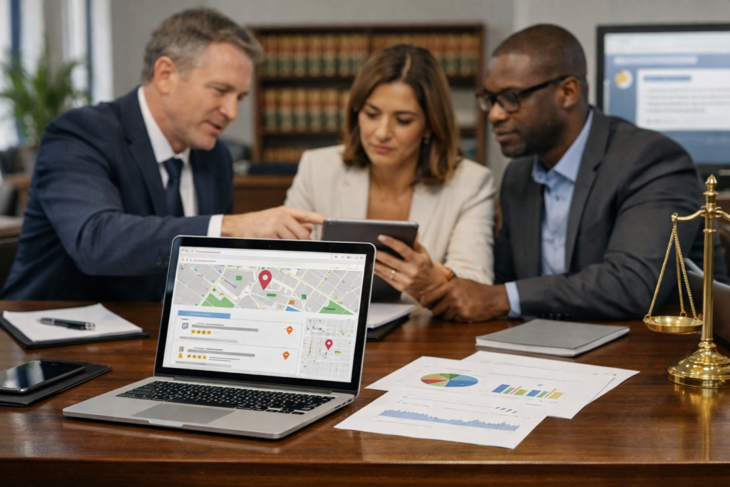 Law firm Google visibility strategy showing Business Profile, structured data, and local search results